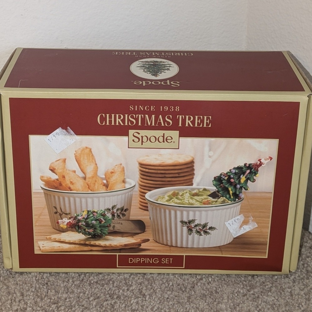 Spode Christmas Tree Dipping Set 2 Ceramic 4in Dip Dishes White Holly With Box‎